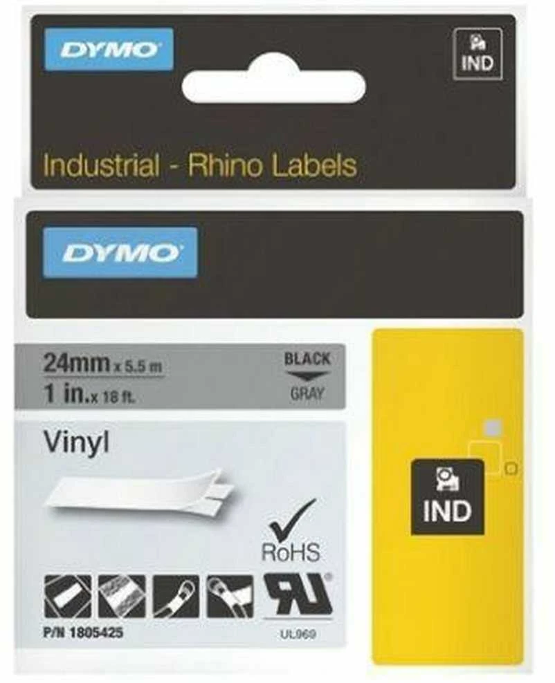DYMO Rhino Professional, pastebima nuolatinė vinilo juosta, 12mm, baltas tekstas ant juodos juostos, 5,5m 1805435