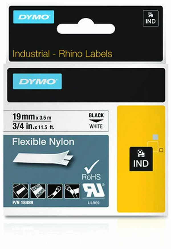 DYMO 18489 RHINO Nailono Juostelė 19mm x 3,5m (balta / juodas šifras)
