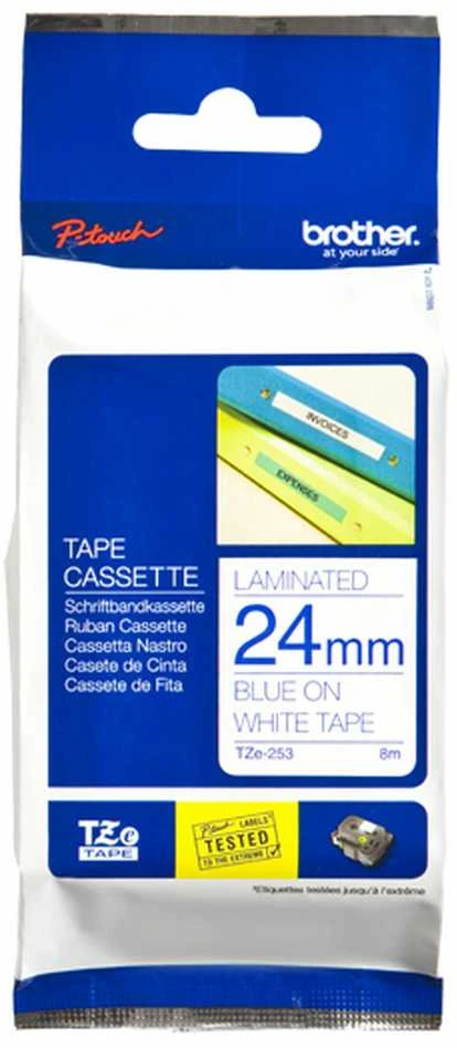 Brother TZe-253 Laminated Tape Mėlyna on Baltas, TZe, 8 m, 2.4 cm