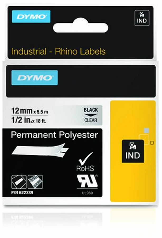 DYMO 622289 RHINO Poliesterio Juostelė 12mm x5,5m (skaidri / juodas šifras)