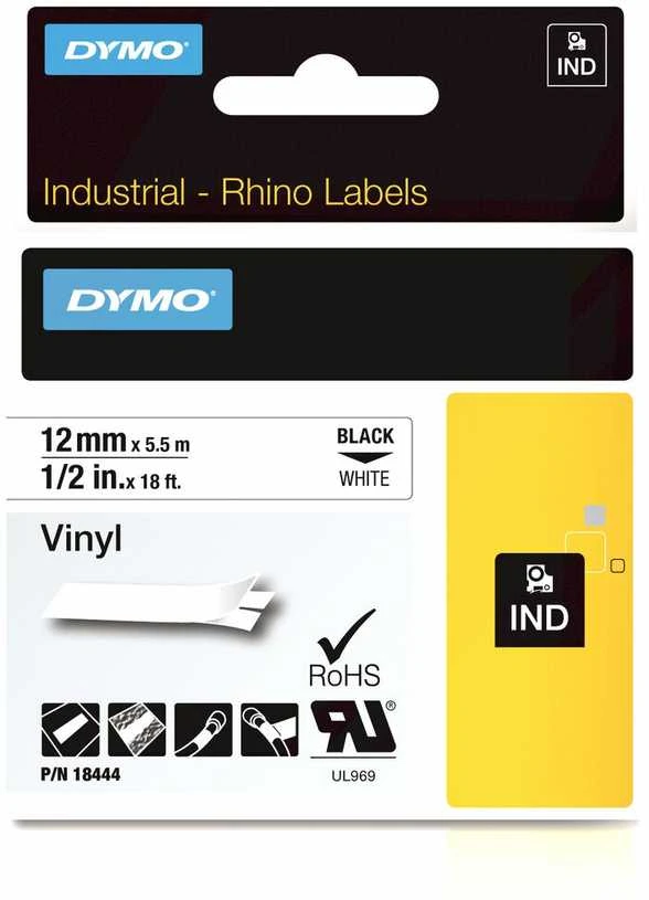 Juostelė DYMO Rhino 12mm x 5.5m, vinilinė, juoda ant balto / S0718600 18444