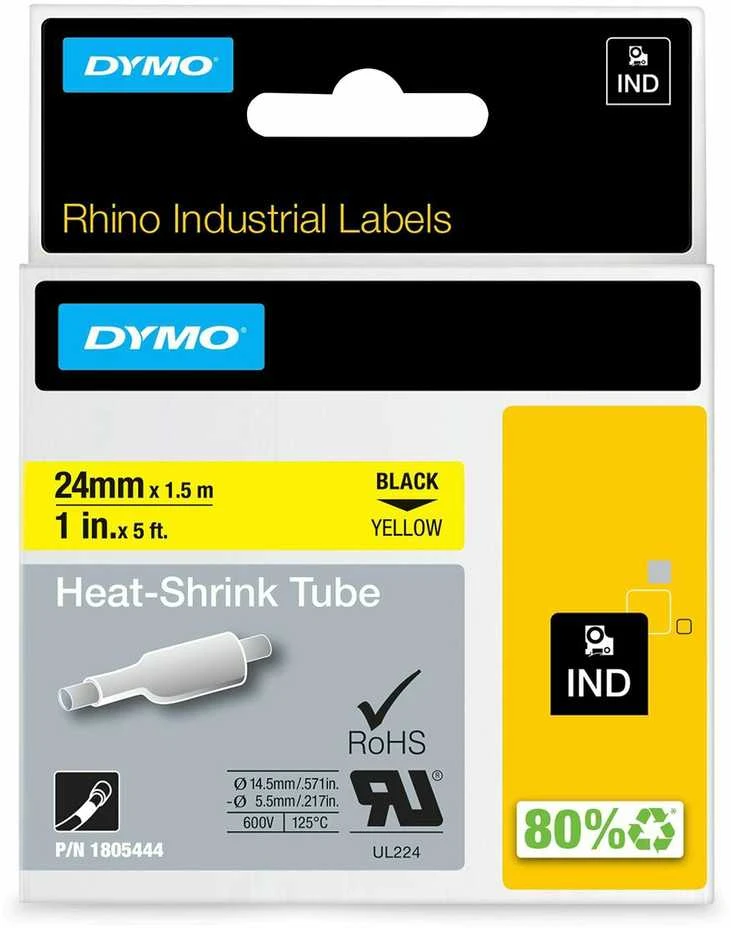 DYMO Rhino Professional, pastebimas susitraukiantis vamzdelis, 12x1,5 mm, juodas tekstas ant geltonos žarnos, 1,5 m, 18056