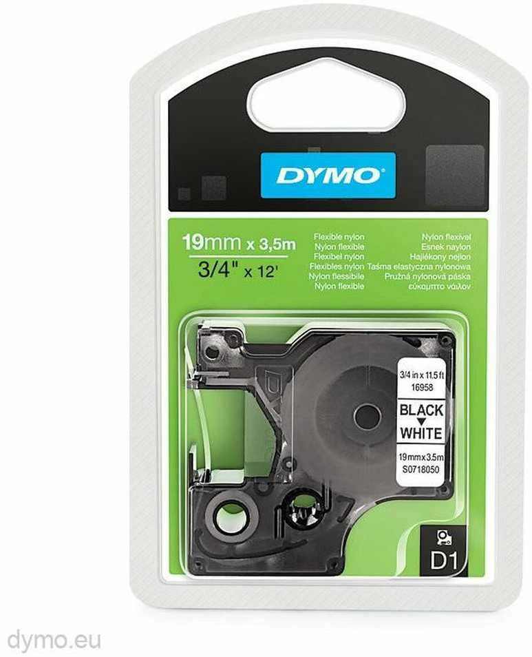 D1 ženklinimo juosta „flex nylon“ 19mm, juoda, balta, juodas tekstas ant baltos juostos, 3,5 m DYMO / 16958