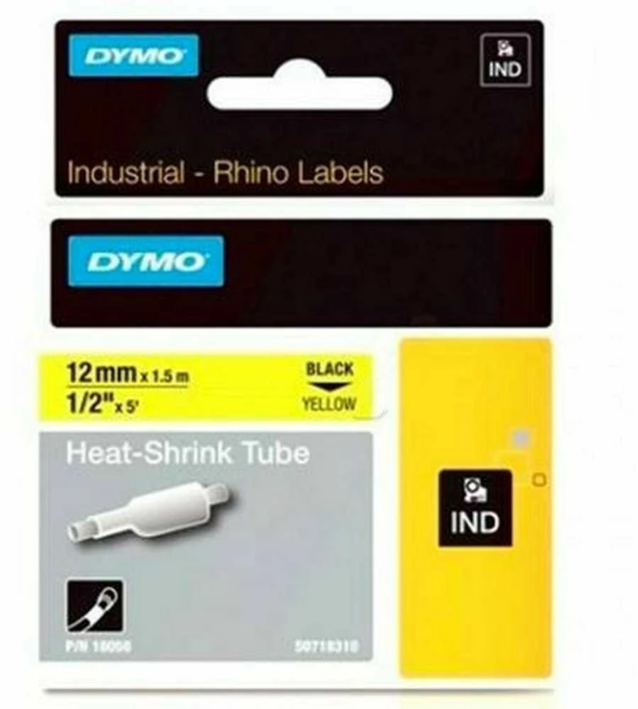 DYMO Rhino Professional, pastebimas susitraukiantis vamzdelis, 12x1,5 mm, juodas tekstas ant geltonos žarnos, 1,5 m, 18056