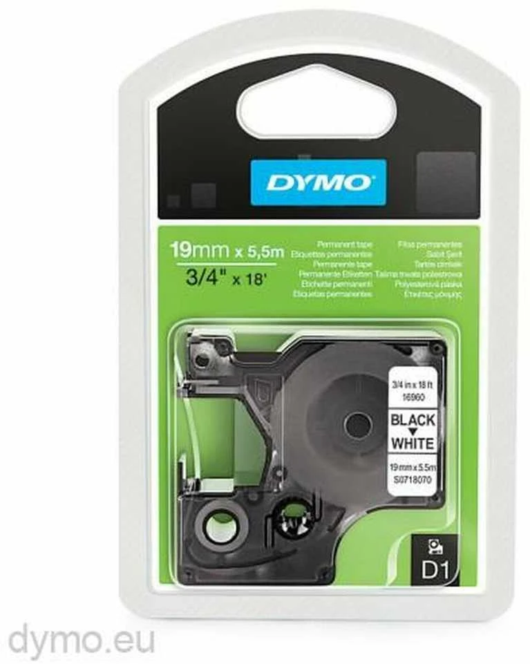 D1, žymėjimo juosta poliesteryje, 19 mm, juodas tekstas ant baltos juostos, 5,5 m DYMO / 16960