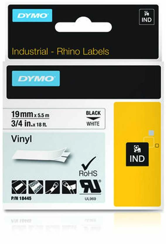 Juostelė DYMO Rhino 19mm x 5.5m, vinilinė, juoda ant balto / S0718620 18445