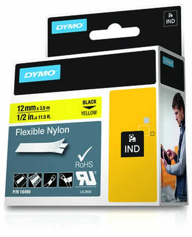 DYMO 18490 RHINO Nailono Juostelė 12mm x 3,5m (geltona / juodas šifras)