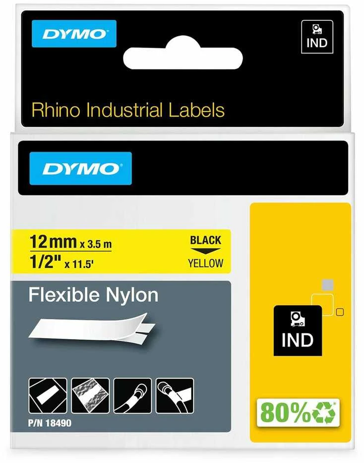 DYMO 18490 RHINO Nailono Juostelė 12mm x 3,5m (geltona / juodas šifras)