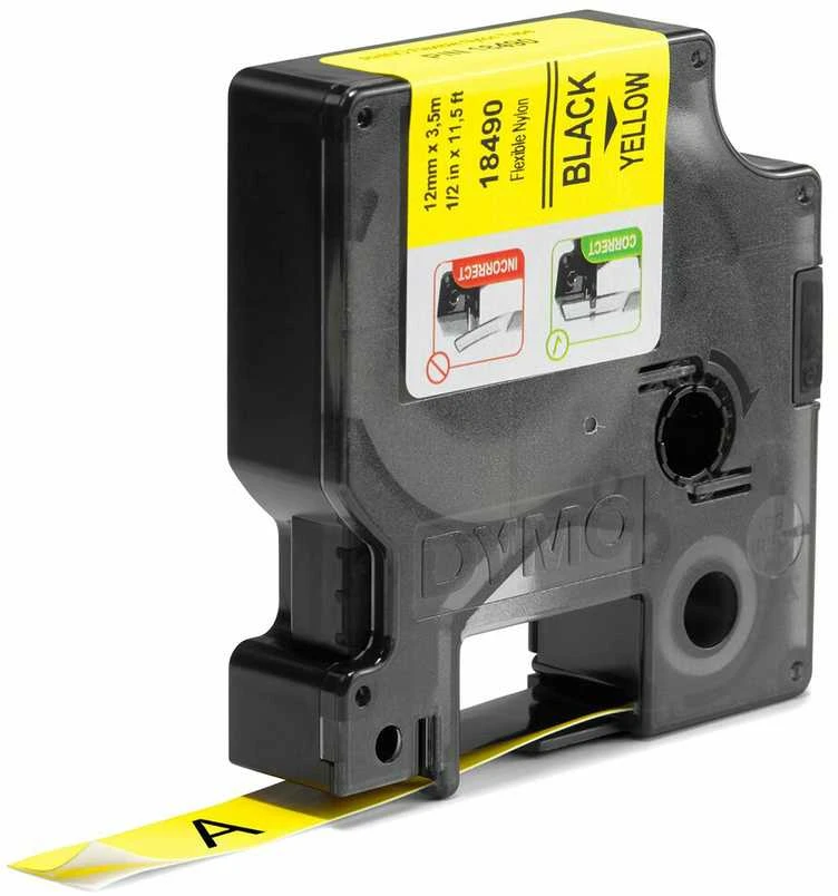 DYMO 18490 RHINO Nailono Juostelė 12mm x 3,5m (geltona / juodas šifras)