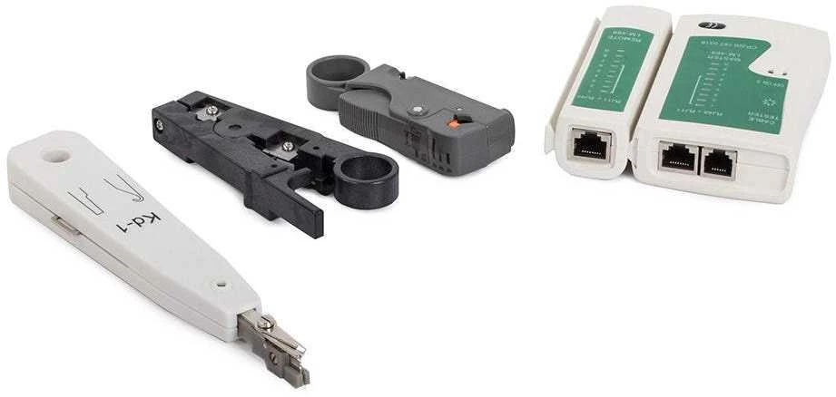 Tinklo įrankių rinkinys su testeriu ir griebtuvu RJ45