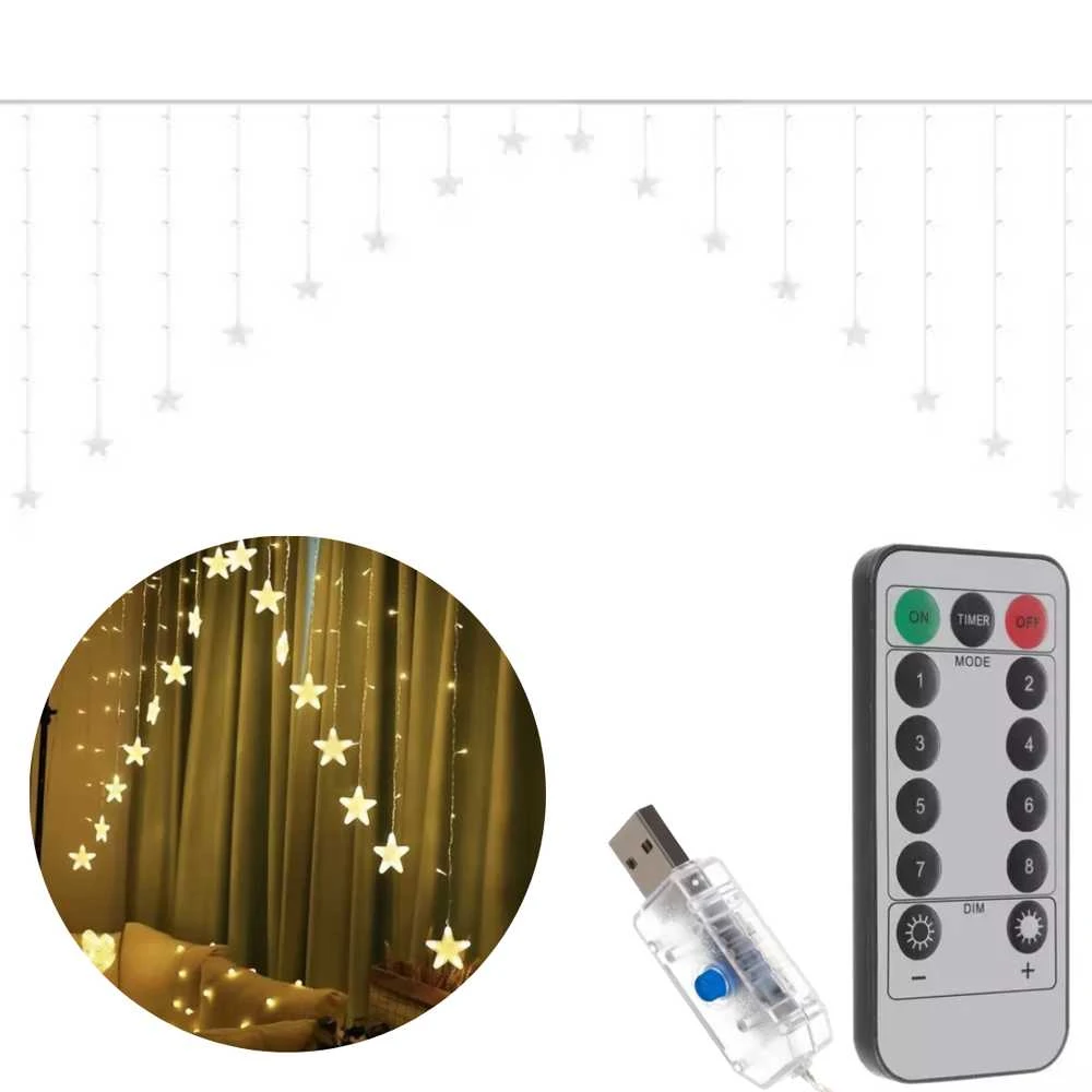 Iso Trade 136LED USB girlianda užuolaida žvaigždės šiltai balta