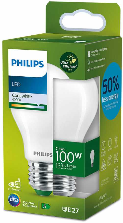 Philips kaitrinė lemputė, matinė, 100 W, A60, E27, 7,3 W, 100 W, E27, 1535 lm, 50 000 h, šaltai balta