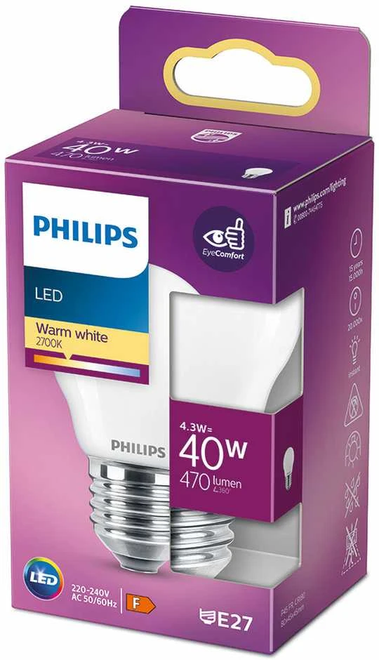 LED lemputė PHILIPS, P45, E27, 4,3 W, 470 lm, 2700 K