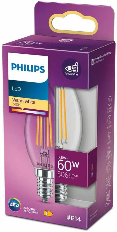 Lemputė Philips LED, B35, 2700 °K, E14, 6.5 W, 806 lm