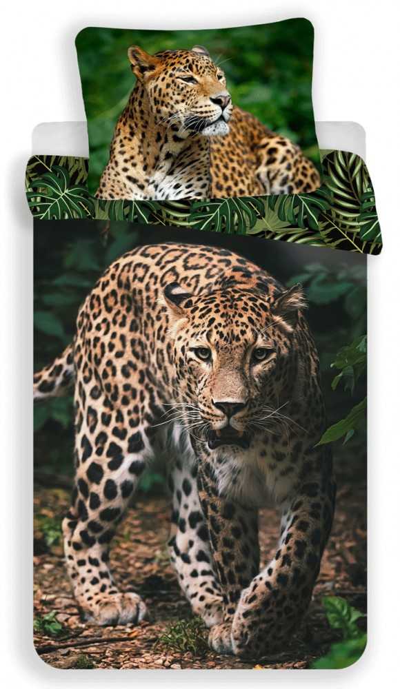 Patalynė bawełniana 140x200 Leopard Lampart pantera liście palmy monstery žalia 5031 poszewka 70x90
