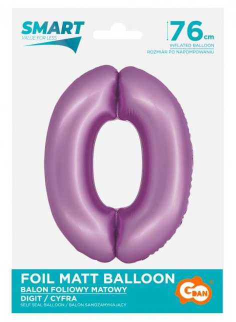 GoDan Foil balionas Smart Cyfra 0 levandų matinis 76 cm