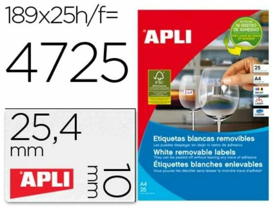 Lipnios etiketės Apli, A4, 25.4x10mm, nuimamos, 189vnt., 25lapai