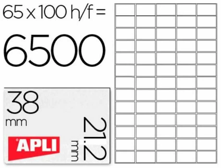 Lipnios etiketės Apli, A4, 38×21.2mm, 65 etiketės lape, 100 lapų, baltos spalvos
