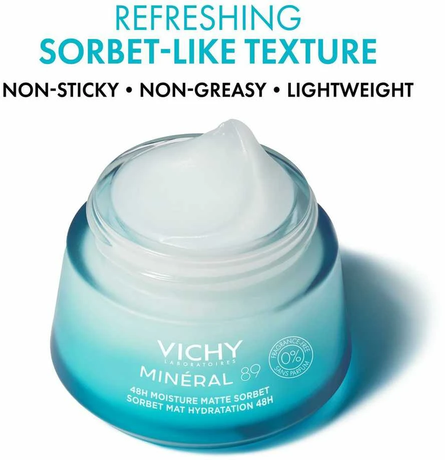 Vichy Minéral 89 48H Face Moisture Matte Sorbet drėkinantis veido gelis riebiai ir mišriai odai, 50 ml