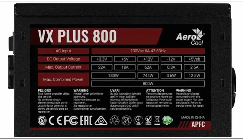 Aerocool VX PLUS 800 maitinimo blokas 800 W 20+4 pin ATX ATX Juoda
