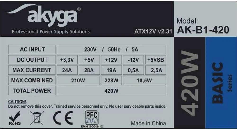 AKYGA AK-B1-420 Basic ATX maitinimo šaltinis 420W AK-B1-420 Fan12cm P4 3xSATA