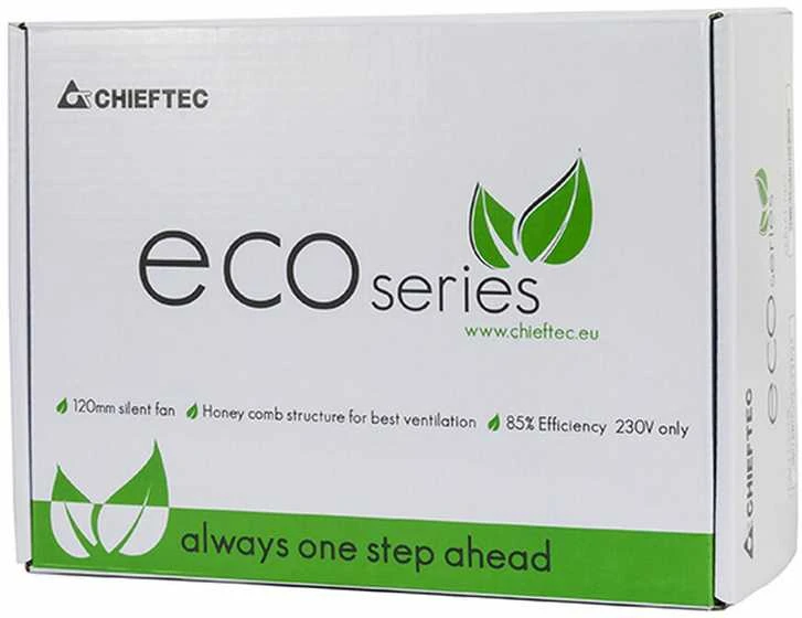 CHIEFTEC ECO serijos 600 W ATX-12V V.2.3 maitinimo šaltinis su 12 cm ventiliatoriumi Aktyvus PFC 230 V tik 85 proc. Efektyvumas, įskaitant maitinimo laidą