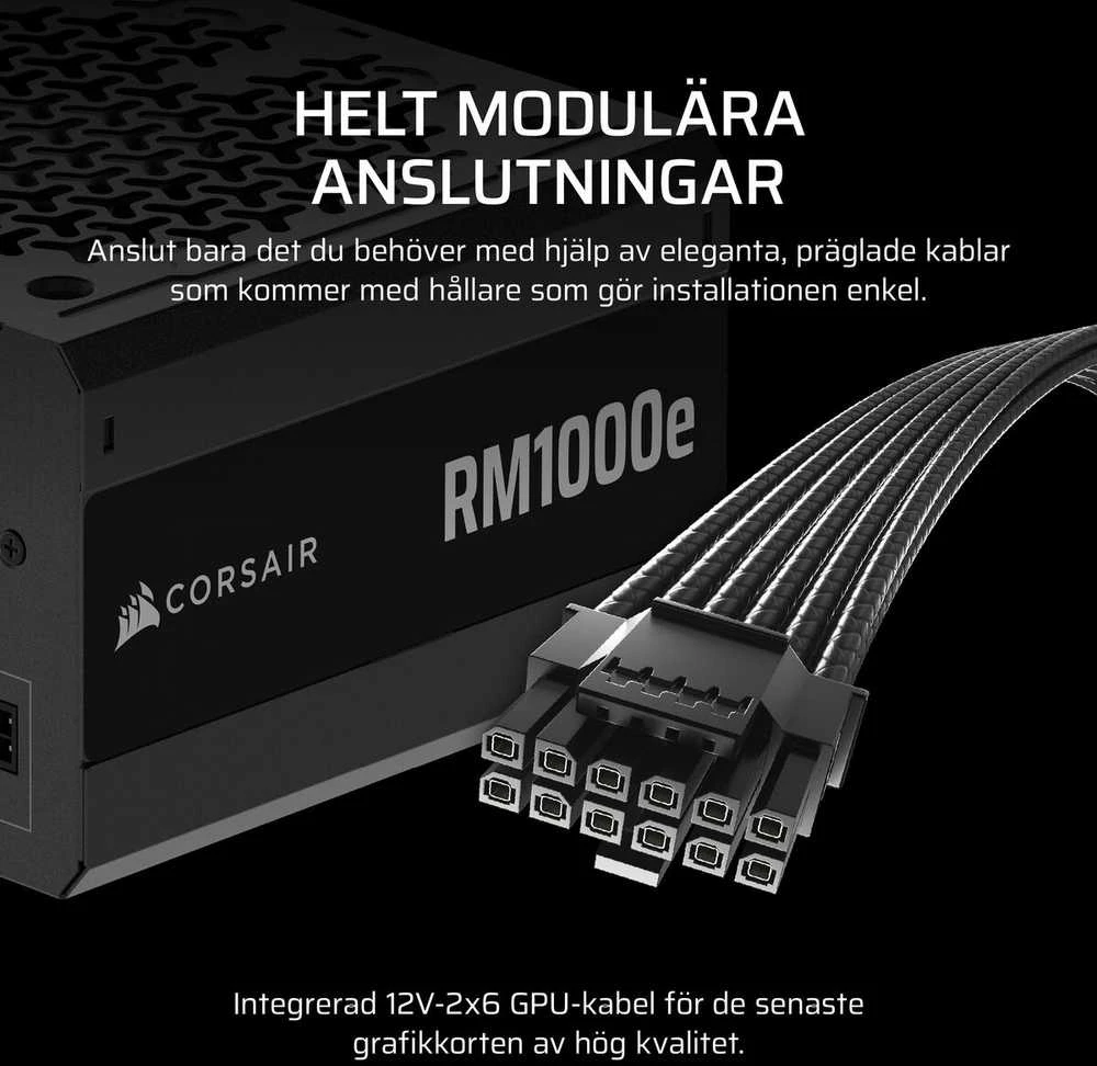CORSAIR RMe serijos RM1000e 1000 vatų ATX 3.1 PCIe 5.1 Cybenetics Gold sertifikuotas visiškai modulinis maitinimo šaltinis