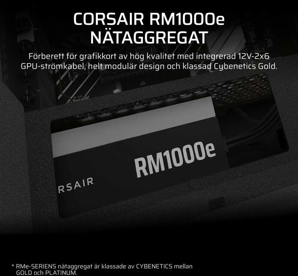 CORSAIR RMe serijos RM1000e 1000 vatų ATX 3.1 PCIe 5.1 Cybenetics Gold sertifikuotas visiškai modulinis maitinimo šaltinis