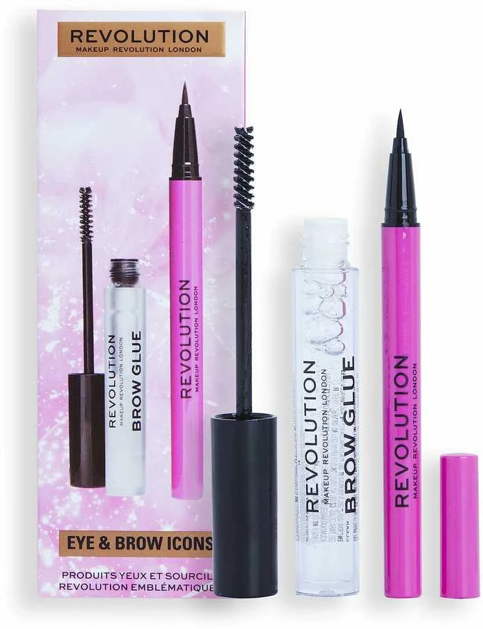 Revolution Make Up „Makeup Revolution London Eye & Brow Icons“ dovanų rinkinys: antakių gelis ir antakių pomada, rinkinys moterims (antakiams skirti klijai 3 ml + skystas akių kontūro pieštukas 0,5 ml)
