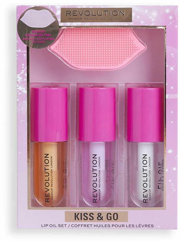 Revolution Make Up Makeup Revolution London Kiss & Go Lip Oil Set Lip Oil rinkinys moterims (Lip Oil Honey 4,5 ml+ Lip Oil Peach Rožinė 4,5 ml+ Lip Oil Watermelon 4,5 ml + Lūpų pilingas )