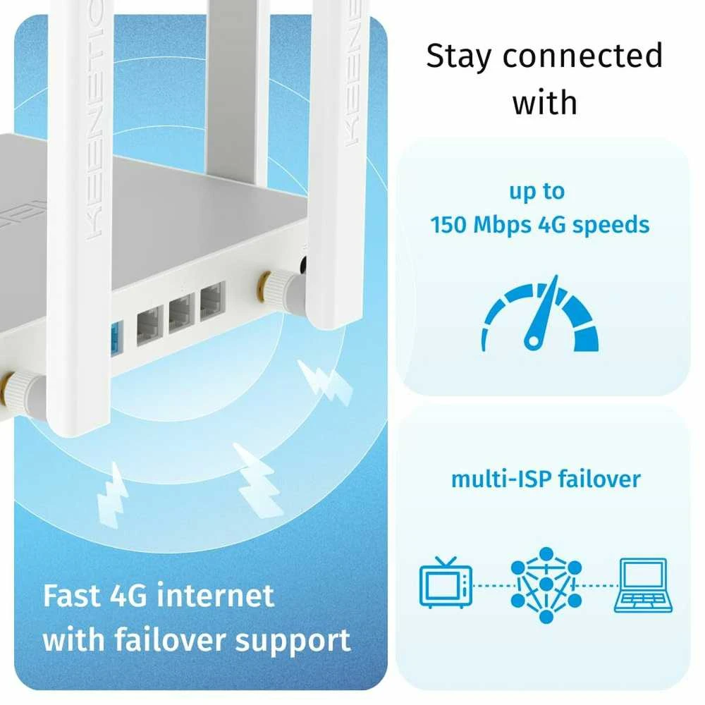 „Keenetic Explorer 4G“ (KN-4910) AC1200 Mesh Wi-Fi 5 4G modemas, maršrutizatorius su 4 prievadų išmaniuoju komutatoriumi