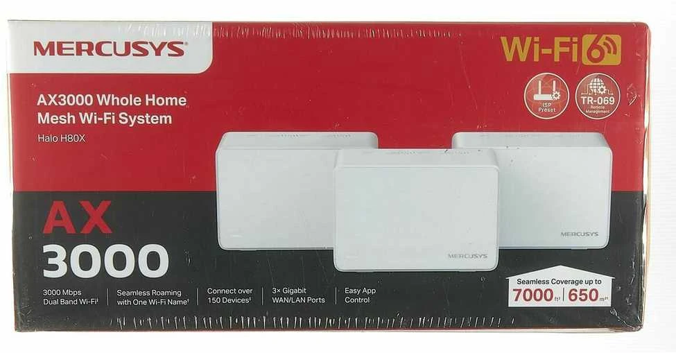 Maršrutizatorius Mercusys | AX3000 viso namo tinklelio „WiFi 6“ sistema su „PoE“ | „Halo H80X“ (3 vnt. pakuotė) | 802.11ax | 574+2402 Mbit/s | 10/100/1000 Mbit/s | Ethernet LAN (RJ-45) jungtys 3 | Tinklo palaikymas: Taip | MU-MiMO: Taip | Ne, mobilusis plačiajuostis ryšys | Antenos tipas: Vidinė