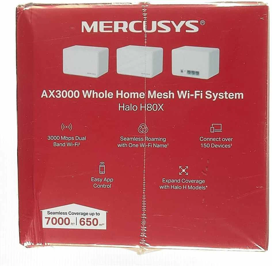 Maršrutizatorius Mercusys | AX3000 viso namo tinklelio „WiFi 6“ sistema su „PoE“ | „Halo H80X“ (3 vnt. pakuotė) | 802.11ax | 574+2402 Mbit/s | 10/100/1000 Mbit/s | Ethernet LAN (RJ-45) jungtys 3 | Tinklo palaikymas: Taip | MU-MiMO: Taip | Ne, mobilusis plačiajuostis ryšys | Antenos tipas: Vidinė