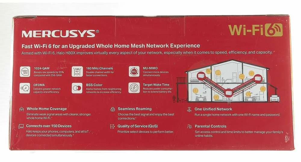 Maršrutizatorius Mercusys | AX3000 viso namo tinklelio „WiFi 6“ sistema su „PoE“ | „Halo H80X“ (3 vnt. pakuotė) | 802.11ax | 574+2402 Mbit/s | 10/100/1000 Mbit/s | Ethernet LAN (RJ-45) jungtys 3 | Tinklo palaikymas: Taip | MU-MiMO: Taip | Ne, mobilusis plačiajuostis ryšys | Antenos tipas: Vidinė