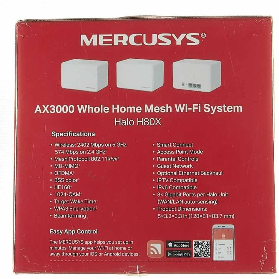 Maršrutizatorius Mercusys | AX3000 viso namo tinklelio „WiFi 6“ sistema su „PoE“ | „Halo H80X“ (3 vnt. pakuotė) | 802.11ax | 574+2402 Mbit/s | 10/100/1000 Mbit/s | Ethernet LAN (RJ-45) jungtys 3 | Tinklo palaikymas: Taip | MU-MiMO: Taip | Ne, mobilusis plačiajuostis ryšys | Antenos tipas: Vidinė