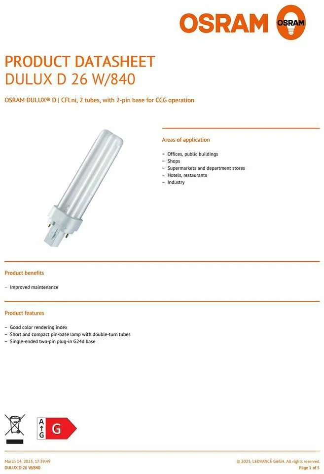 26W lemputė OSRAM DULUX D 840, G24d-3, 4000K