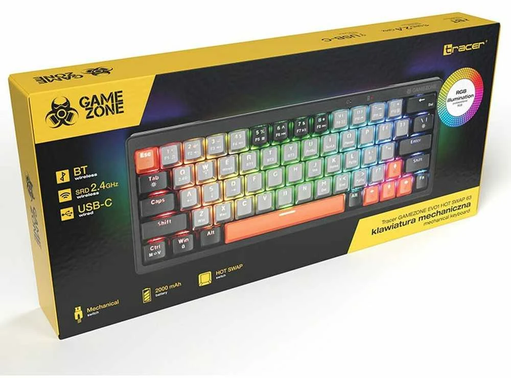 Klaviatūra žaidimams Tracer GameZone Evo1 Hot Swap TNT Linear Switches belaidė mechaninė su pašvietimu pilka