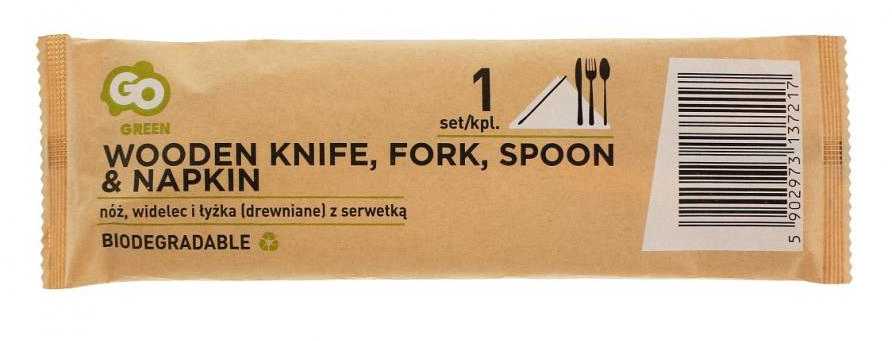 Medinis vakarėlis su medinėmis šakutėmis, šaukštu ir peiliu bei servetėle