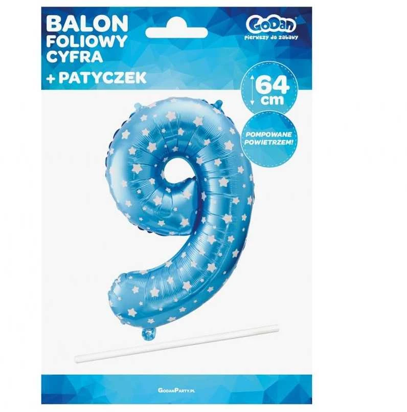 GoDan folijos balionas „Numeris 9“, mėlynas su žvaigždėmis, 61 cm, p10
