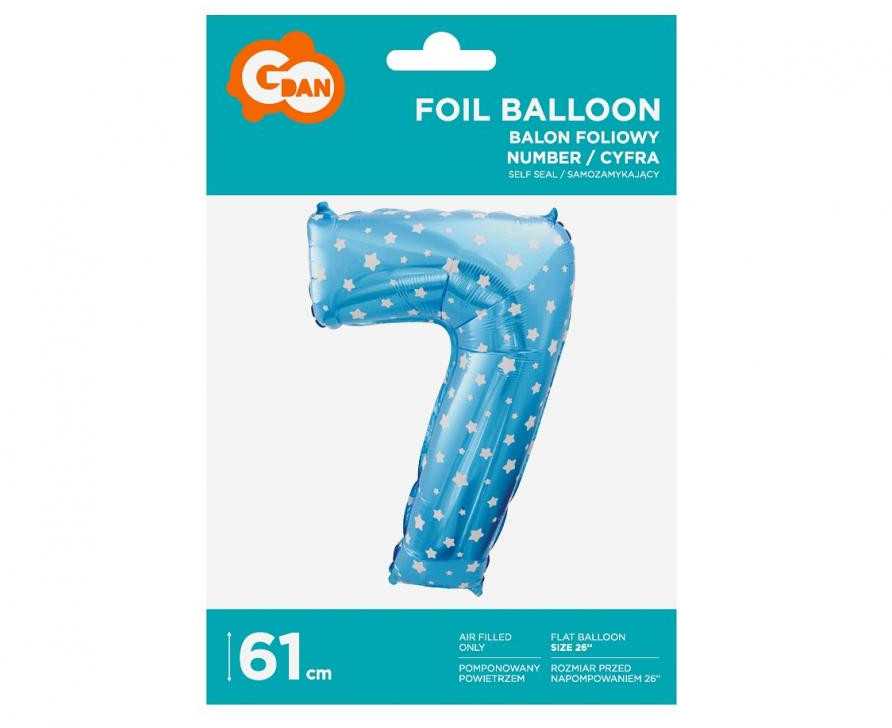 GoDan Number 7 folijos balionas, mėlynas su žvaigždėmis, 61 cm