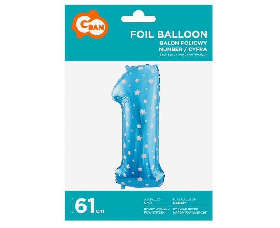 Mėlynas skaičius su žvaigždutėmis, mėlynas folijos balionas „1“, 61 cm