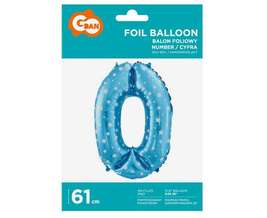 GoDan 0 numerio folijos balionas, mėlynas su žvaigždutėmis, 61 cm