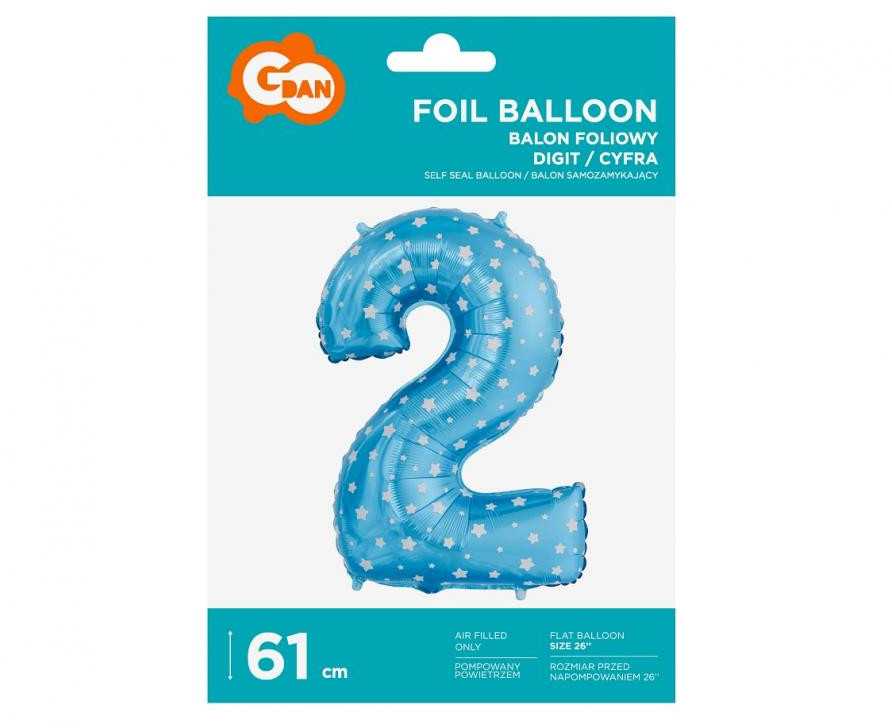 GoDan folijos balionas „Number 2“, mėlynas su žvaigždutėmis, 61 cm