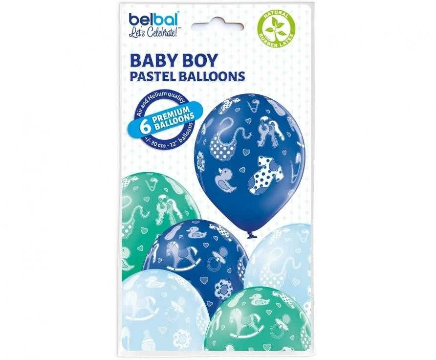 Mėlyni balionai „Baby Baby Boy“, 6 vnt. 12 colių (30 cm)