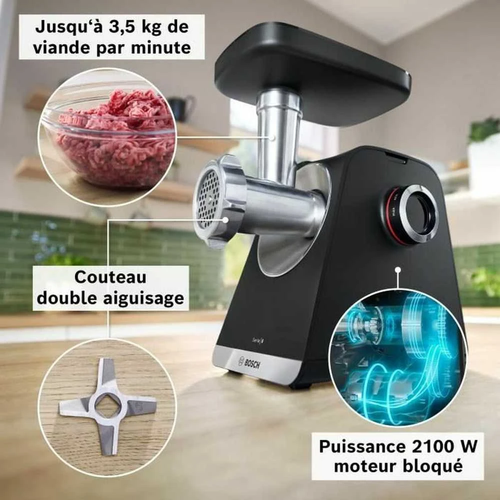 Bosch MFWS640B Serija 6, Mėsmalė, MultiPower, 2100 W, Juoda, sidabrinė metalo