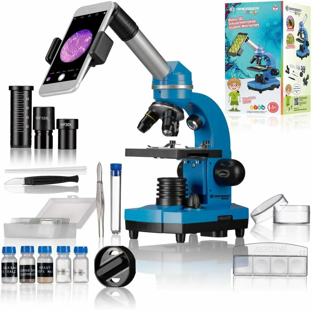 Mikroskopas Bresser Junior Biolux SEL 40–1600x, mėlynas