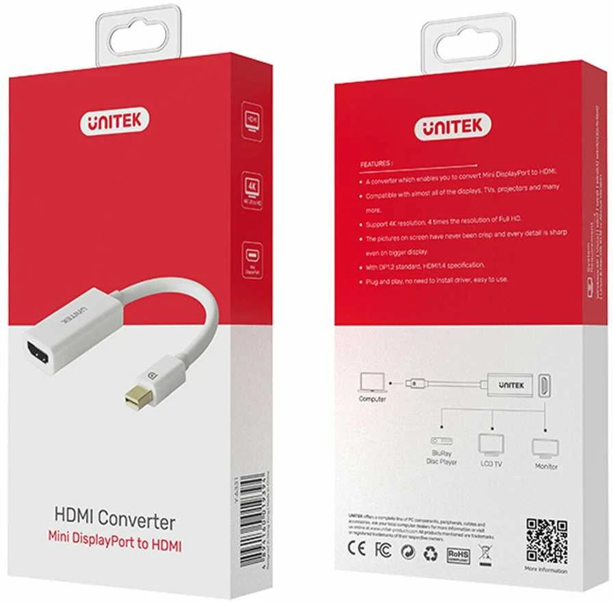 UNITEK Y-6331 Unitek Adapteris miniDisplayPort prie HDMI F, 4K, Y-6331
