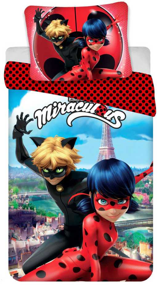 Patalynė bawełniana 140x200 Biedronka i Juodas Kot Ladybug Miraculous raudona w juoda kropki JF24