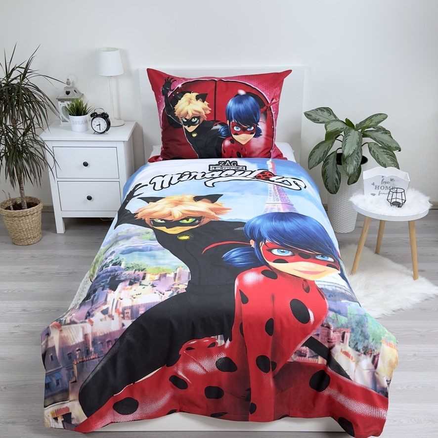 Patalynė bawełniana 140x200 Biedronka i Juodas Kot Ladybug Miraculous raudona w juoda kropki JF24