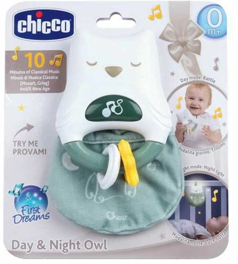 Chicco pelėdos formos muzikinė barškutė pakuotėje